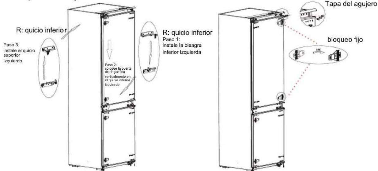 R: quicio inferior Paso 3: instale el quicio superior izquierdo R: quicio inferior Paso 1: instale la bisagra inferior izquierda Tapa del agujero bloqueo fijo