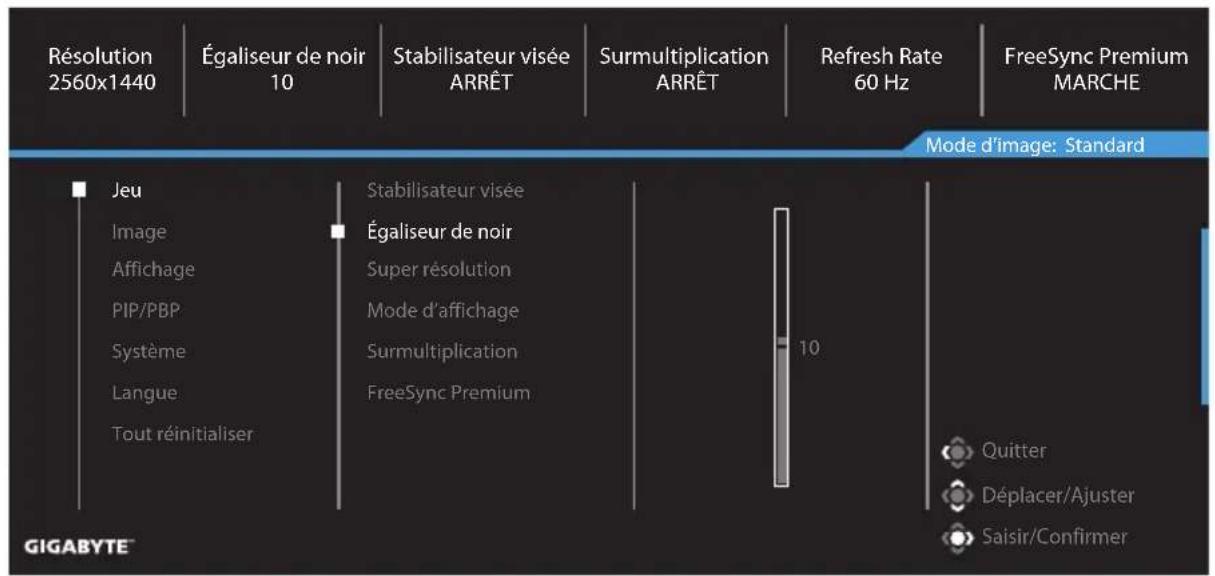 Résolution 2560x1440 Égaliseur de noir 10 Stabilisateur visée ARRÊT Surmultiplication ARRÊT Refresh Rate 60 Hz FreeSync Premium MARCHE Mode d'image: Standard Jeu Image Affichage PIP/PBP Système Langue Tout réinitialiser Stabilisateur visée Égaliseur de noir Super résolution Mode d'affichage Surmultiplication FreeSync Premium 10 Quitter Déplacer/Ajuster Saisir/Confirmer GIGABYTE™