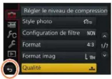 Régler le niveau de compression Style photo Configuration de filtre NON Format 4:3 1/7 Format imag L 18V Qualité