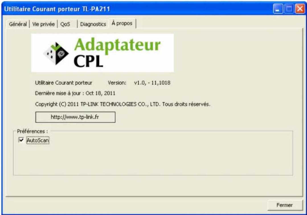 Utilitaire Courant porteur TL-PA211 Général | Vie privée | QoS | Diagnostics | À propos | Adaptateur CPL Utilitaire Courant porteur Version: v1.0, - 11,1018 Dernière mise à jour : Oct 18, 2011 Copyright (C) 2011 TP-LINK TECHNOLOGIES CO., LTD. Tous droits réservés. http://www.tp-link.fr Préférences : ✓ AutoScan Fermer