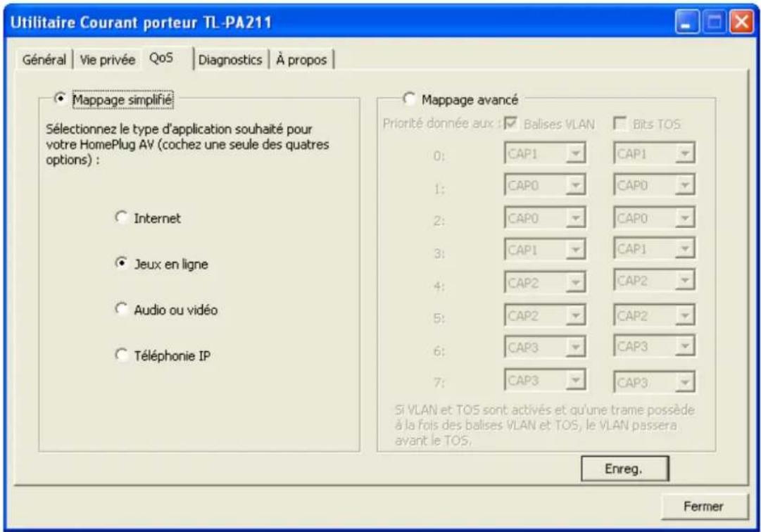 Utilitaire Courant porteur TL-PA211 Général | Vie privée QoS | Diagnostics | À propos | Mappage simplifié Sélectionnez le type d'application souhaité pour votre HomePlug AV (cochez une seule des quatre options) : Internet Jeux en ligne Audio ou vidéo Téléphonie IP Mappage avancé Priorité donnée aux : ✓ Balises VLAN ✓ Bits TOS 0: CAP1 ✓ CAP1 1: CAP0 ✓ CAP0 2: CAP0 ✓ CAP0 3: CAP1 ✓ CAP1 4: CAP2 ✓ CAP2 5: CAP2 ✓ CAP2 6: CAP3 ✓ CAP3 7: CAP3 ✓ CAP3 Si VLAN et TOS sont activés et qu'une trame possède à la fois des balises VLAN et TOS, le VLAN passera avant le TOS. Enreg. Fermer