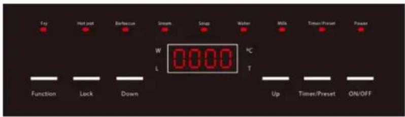 Fry Hot pot Barbecue Stream Snug Water Mills Timer/Preset Power W 0000 L T Function Lock Down Up Timer/Preset ON/OFF