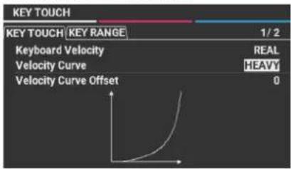 KEY TOUCH KEY TOUCH | KEY RANGE 1/2 Keyboard Velocity REAL Velocity Curve HEAVY Velocity Curve Offset 0
