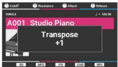 ROLAND JUNO-D7 - Maintenez le bouton [TRANSPOSE] enfoncé et appuyez sur le bouton [DOWN] ou [UP]. - 1
