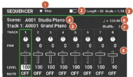 SEQUENCER Scene: A001 Studio Piano Track 1: A0001 Grand Piano Track 1 PAN LEVEL MUTE Stop Stop Length = 32 Scale = 1/16 J = 120.00 Shuffle: 0 1 2 3 4 5 6 7 8 9 100 100 100 100 100 100 100 OFF OFF OFF OFF OFF OFF