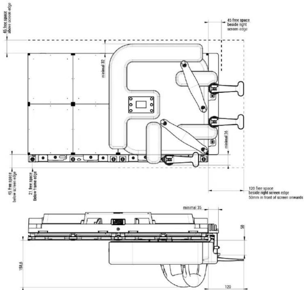 45 free space above screen edge 45 free space beside right screen edge minimal 32 minimal 36 120 free space beside right screen edge 50mm in front of screen onwards 45 free space below screen edge 21 free space. Below frame edge minimal 35 158,6 120