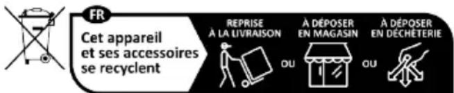 FR Cet appareil et ses accessoires se recyclent REPRISE À LA LIVRAISON A DÉPOSER EN MAGASIN A DÉPOSER EN DÉCHÉTERIE