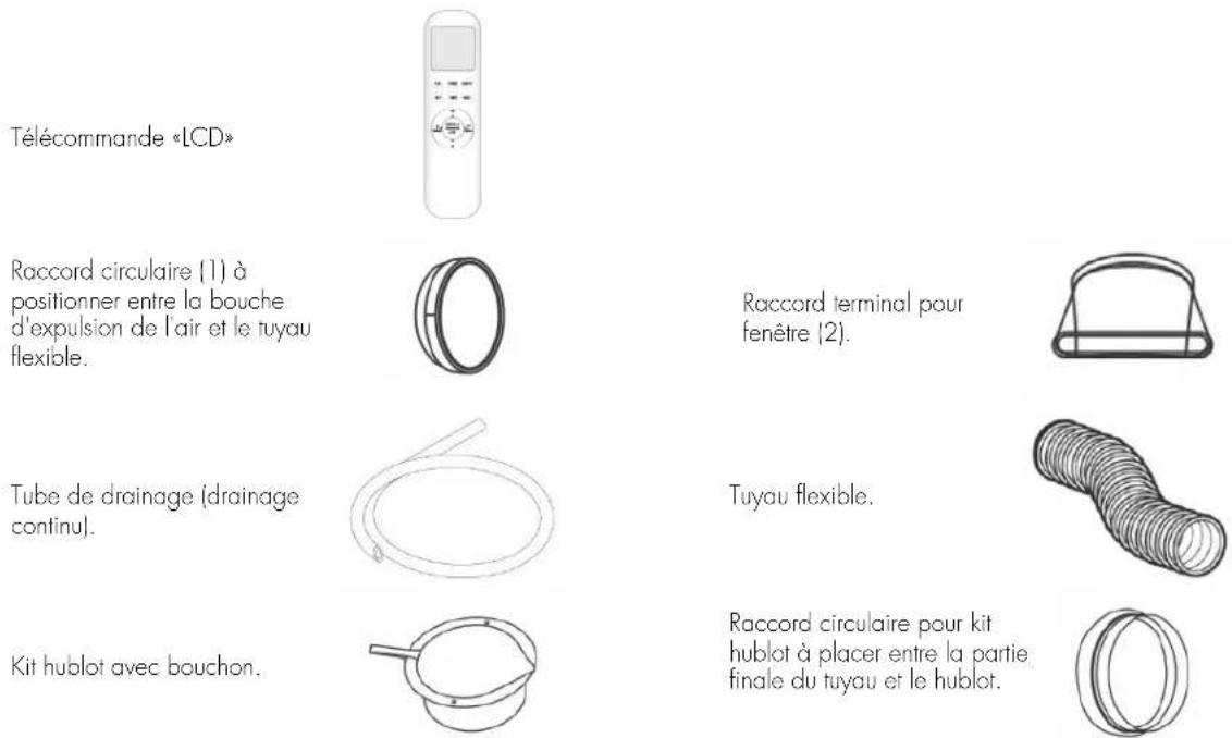 Télécommande «LCD» Raccord circulaire (1) à positionner entre la bouche d'expulsion de l'air et le tuyau flexible. Tube de drainage (drainage continu). Kit hublot avec bouchon. Raccord terminal pour fenêtre (2). Tuyau flexible. Raccord circulaire pour kit hublot à placer entre la partie finale du tuyau et le hublot.