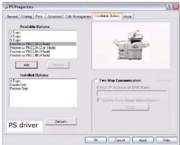 PS Properties General Sharing Ports Advanced Color Management Installable Options About Available Options: 2 Tages 3 Tages 5 Tages Finisher w/ FNCCCA (2 hole) Finisher w/ FNCCCA (2 or 2 hole) Finisher w/ FNCCMA (4 hole) Finisher w/ FNCC40 (4 hole) Add Features Installed Options: 4 Tages Duplex Unit…
