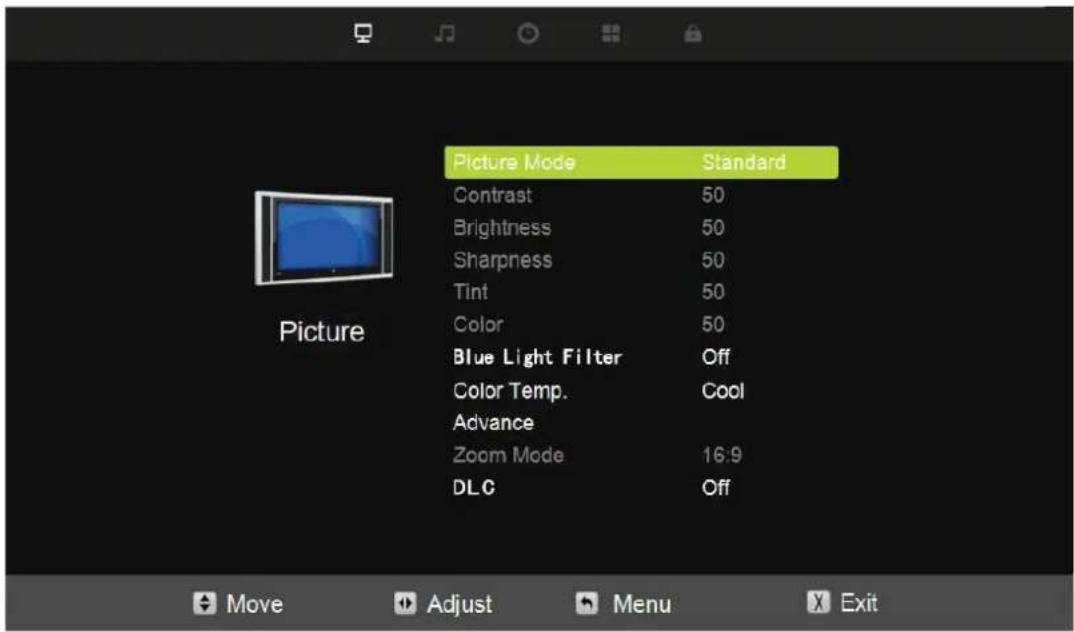 Picture Mode Standard Contrast 50 Brightness 50 Sharpness 50 Tint 50 Color 50 Blue Light Filter Off Color Temp. Cool Advance Zoom Mode 16:9 DLC Off