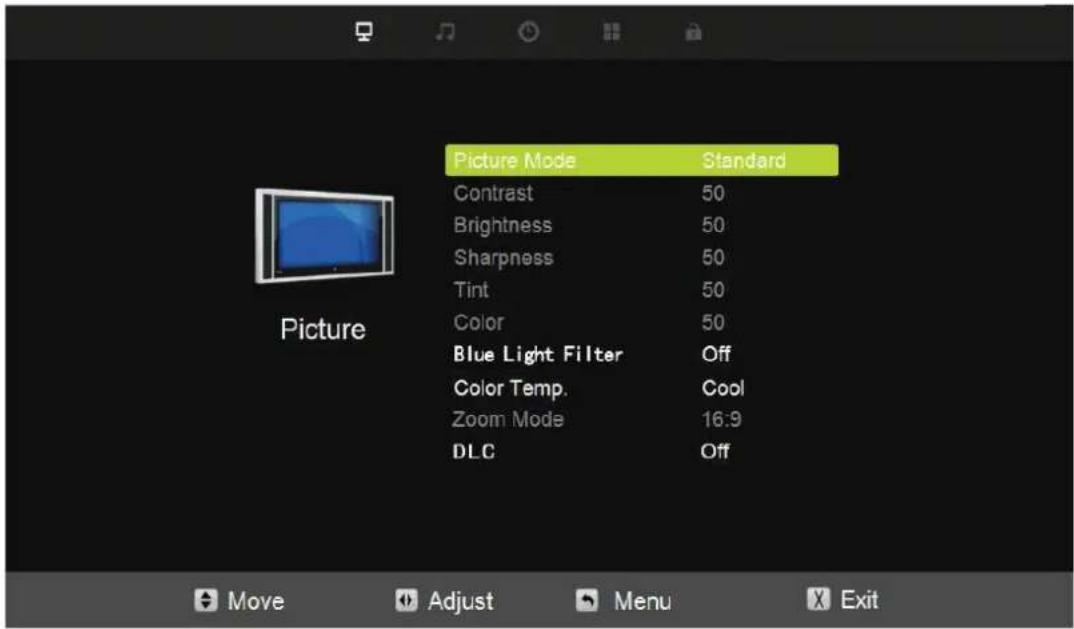 Picture Mode Standard Contrast 50 Brightness 50 Sharpness 50 Tint 50 Color 50 Blue Light Filter Off Color Temp. Cool Zoom Mode 16:9 DLC Off