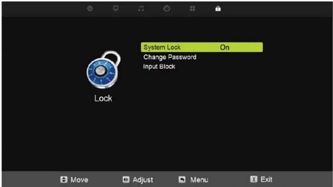 System Lock On Change Password Input Block Lock Move Adjust Menu Exit