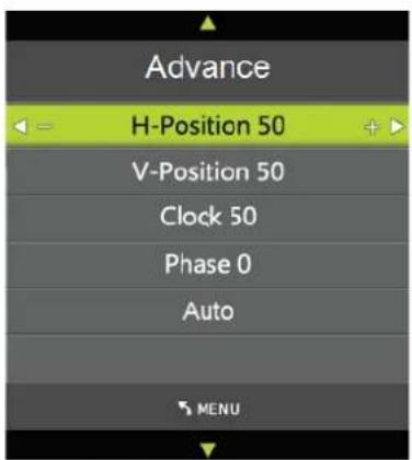Advance H-Position 50 V-Position 50 Clock 50 Phase 0 Auto MENU