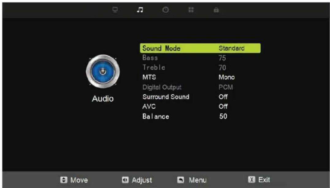 Sound Mode Standard Bass 75 Treble 70 MTS Mono Digital Output PCM Surround Sound Off AVC Off Balance 50 Audio Move Adjust Menu Exit