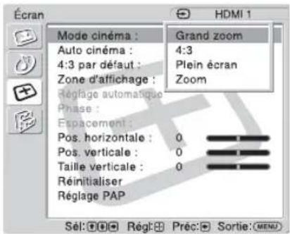 Écran Mode cinéma : Auto cinéma : 4:3 par défaut : Zone d'affichage : Réglage automatique Phase : Espacement : Pos. horizontale : 0 Pos. verticale : 0 Taille verticale : 0 Réinitialiser Réglage PAP Sél: 📋 🏠️ Régl: 🏠️ Préc: 🏠️ Sortie: ⬤️ ⬇️