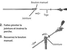 Bouton manuel Jointure Tige 2. Faites pivotter la jointure et insérez la perche. 3. Resserrez le bouton manuel. Jointure