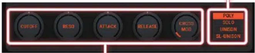 CUTOFF RESO ATTACK RELEASE CROSS MOD POLY SOLO UNISON SL-UNISON