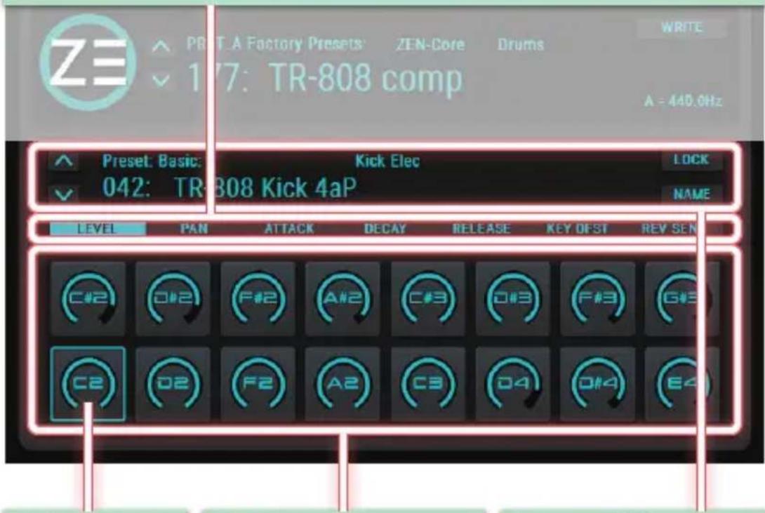 ZE PRINT A Factory Presets: ZEN-Core Drums WRITE 17: TR-808 comp A = 440.0Hz Preset: Basic: Kick Elec LOCK 042: TR-808 Kick 4aP NAME LEVEL PAN ATTACK DECAY RELEASE KEY OFST REV SEN C#2 D#2 F#2 A#2 C#3 D#3 F#3 G# C2 D2 F2 A2 C3 D4 D4 E4