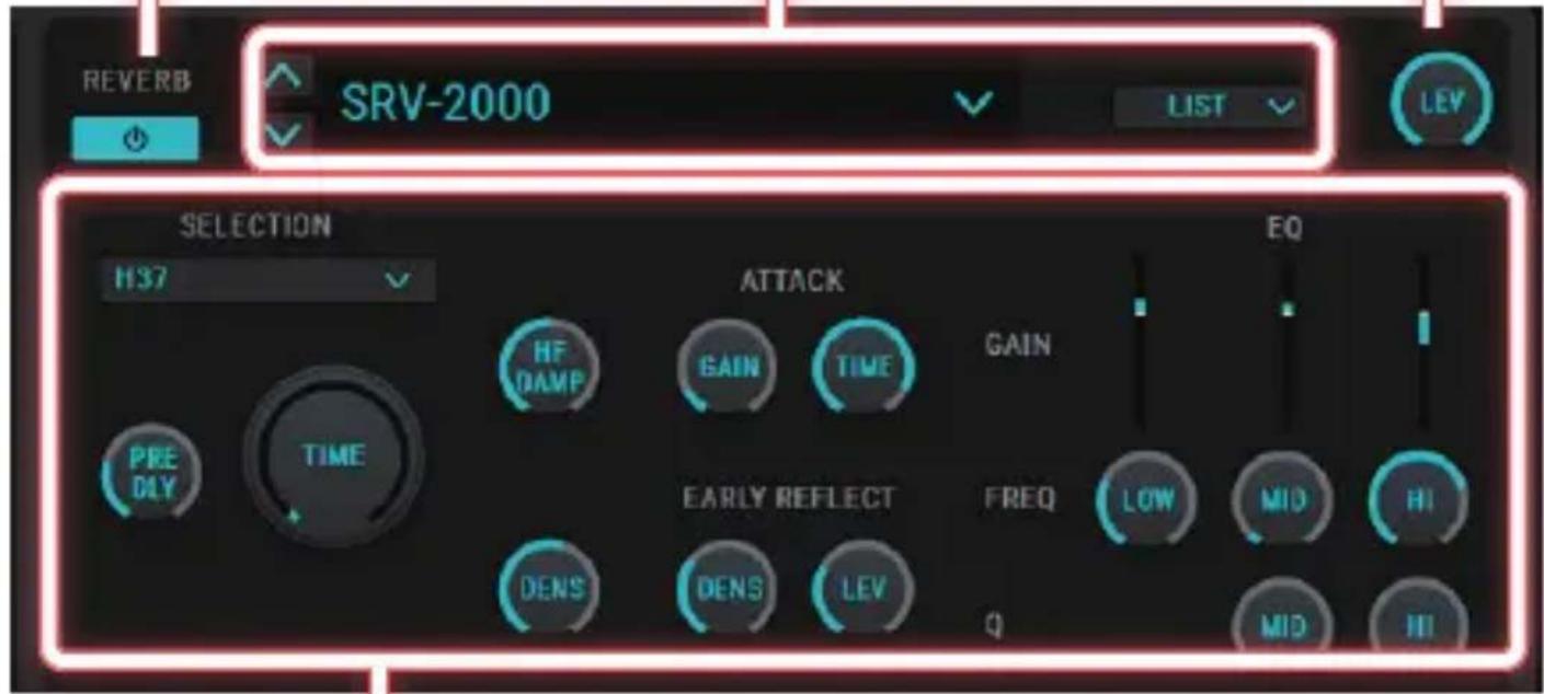 REVERB SRV-2000 LIST LEV SELECTION H37 ATTACK EQ HF DAMP GAIN TIME GAIN PRE DLY TIME EARLY REFLECT FREQ LOW MID HI DENS DENS LEV Q MID HI