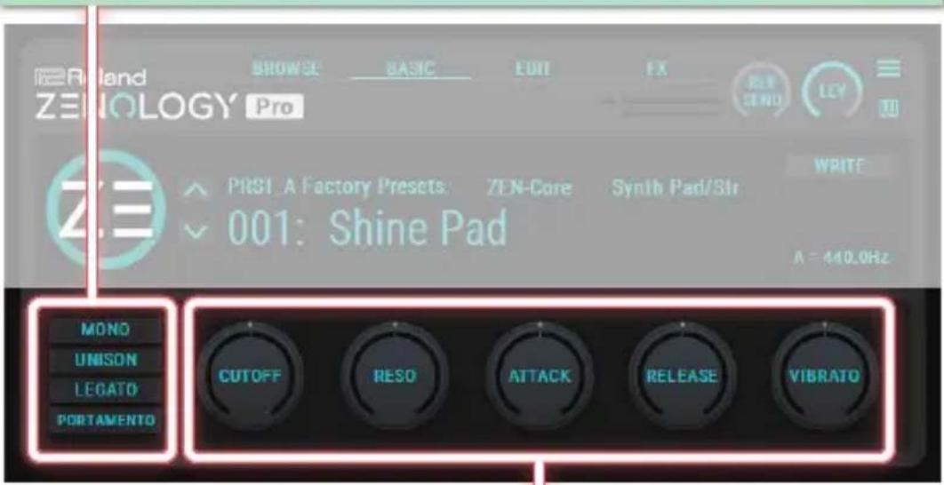 Risland ZENOLOGY Pro BROWSE BASIC EDIT FX KEY SEND LEY PRS1 A Factory Presets ZEN-Core Synth Pad/Str WRITE 001: Shine Pad A - 440.0Hz MONO UNISON LEGATO PORTAMENTO CUTOFF RESO ATTACK RELEASE VIBRATO