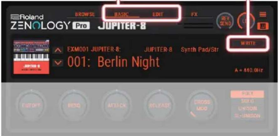Roland BROWSE BASIC EDIT FX REV ZENOLOGY Pro JUPITER-8 EXMO01 JUPITER-8: JUPITER-8 Synth Pad/Str 001: Berlin Night WRITE A = 440.0Hz POLY SOLO UNION R-UNION