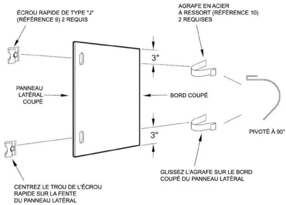 ÉCROU RAPIDE DE TYPE "J" (RÉFÉRENCE 9) 2 REQUIS PANNEAU LATÉRAL COUPÉ CENTREZ LE TROU DE L'ÉCROU RAPIDE SUR LA FENTE DU PANNEAU LATÉRAL 3" BORD COUPÉ 3" AGRAFE EN ACIER À RESSORT (RÉFÉRENCE 10) 2 REQUISES GLISSEZ L'AGRAFE SUR LE BORD COUPÉ DU PANNEAU LATÉRAL PIVOTÉ À 90°