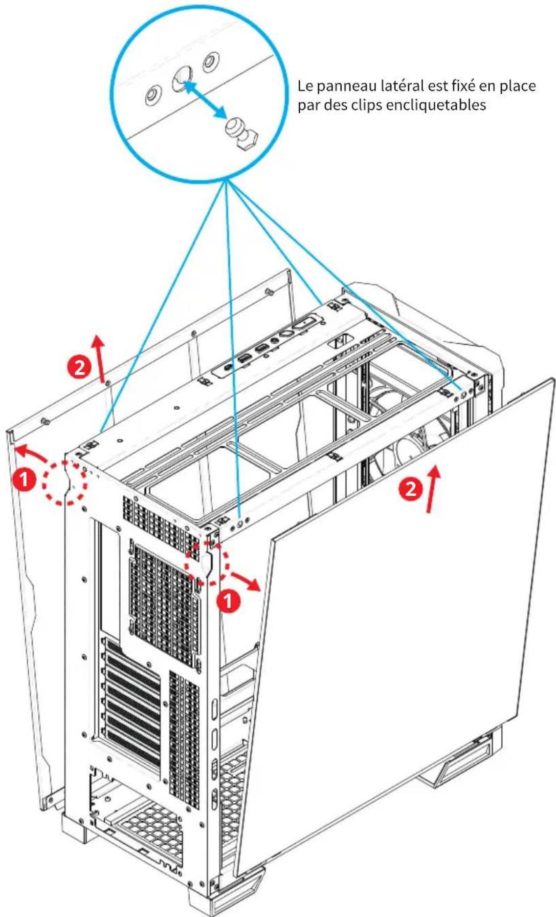 Le panneau latéral est fixé en place par des clips encliquetables