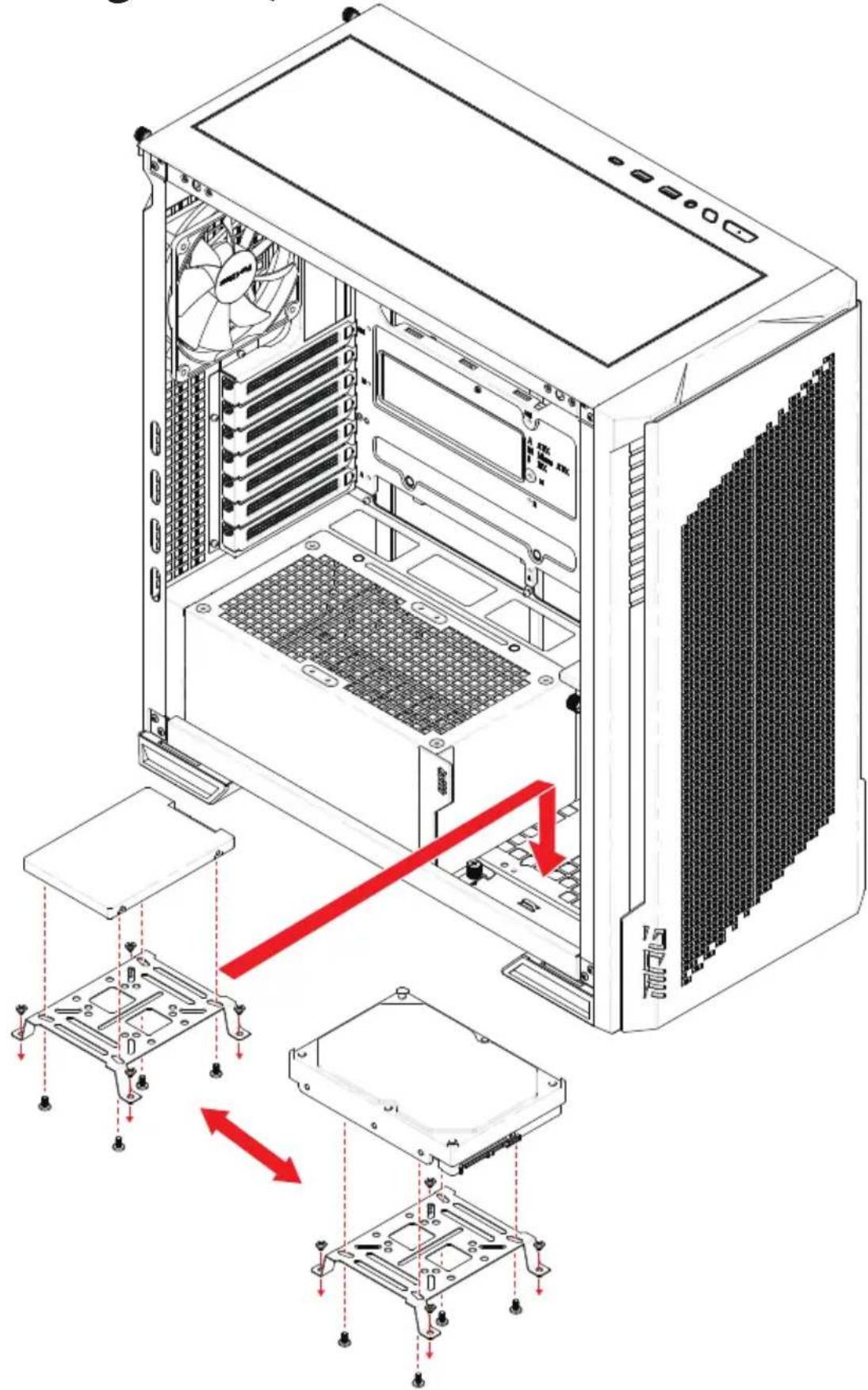 MSI MPG VELOX 300R AIRFLOW - Installation du SSD et du disque dur (côté gauche) - 1