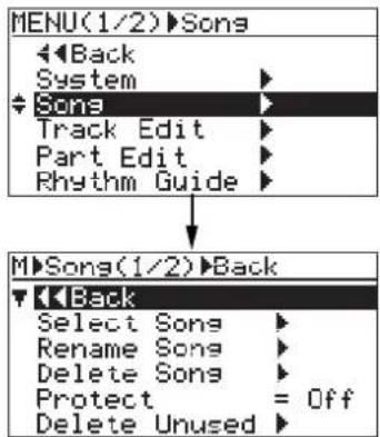 FOSTEX MR-8mkII - 3) ジョグ・ダイヤルでカーソルを“Song>”に移動して、[MENU/ENTER]キーを押します。 - 1