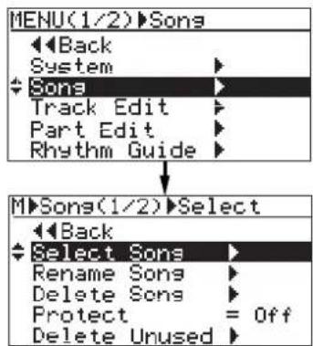 FOSTEX MR-8mkII - 2）ジョグジダイヤルで Song”にカーソルを移動して、[MENU/ENTER]キーを押します。 - 1