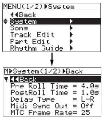 FOSTEX MR-8mkII - 2) ジョグ・ダイヤルでカーソルを“System >”に移動して、[MENU/ENTER]キーを押します。 - 1