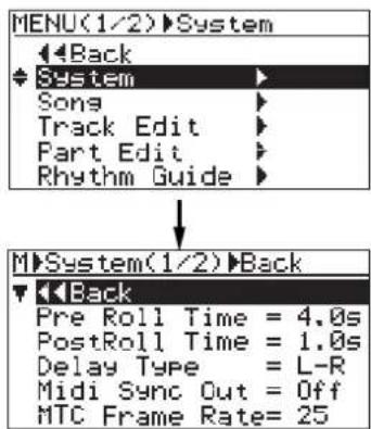 FOSTEX MR-8mkII - 2) ジョグ・ダイヤルでカーソルを“System>”に移動して、[MENU/ENTER]キーを押します。 - 1