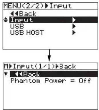 FOSTEX MR-8mkII - 2) ジョグジダゲヤルで 2 ページめの“Input”にカーにカーソルを移動して、[MENU/ENTER]キーを押します。 - 1
