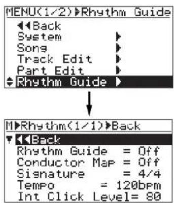 FOSTEX MR-8mkII - 2) ジョグ・ダイヤルでカーソルを“Rhythm Guide”に移動して、[MENU/ENTER]キーを押します。 - 1