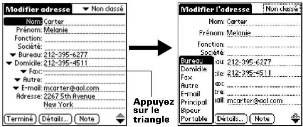 PALM m505 - Pour choisir un autre type de numéro de téléphone pour une entrée : - 1