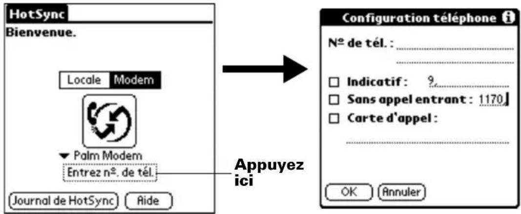 PALM m505 - Pour préparer votre ordinateur de poche en vue d'une opération HotSync par modem : - 2