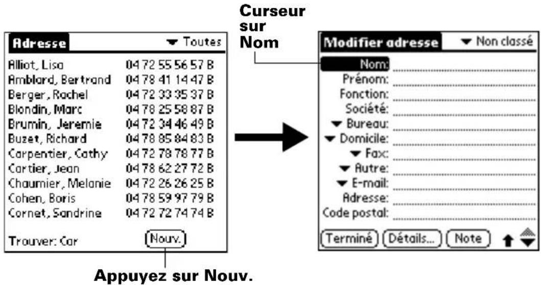 PALM m505 - Pour créer une nouvelle entrée de l'application Adresses : - 1
