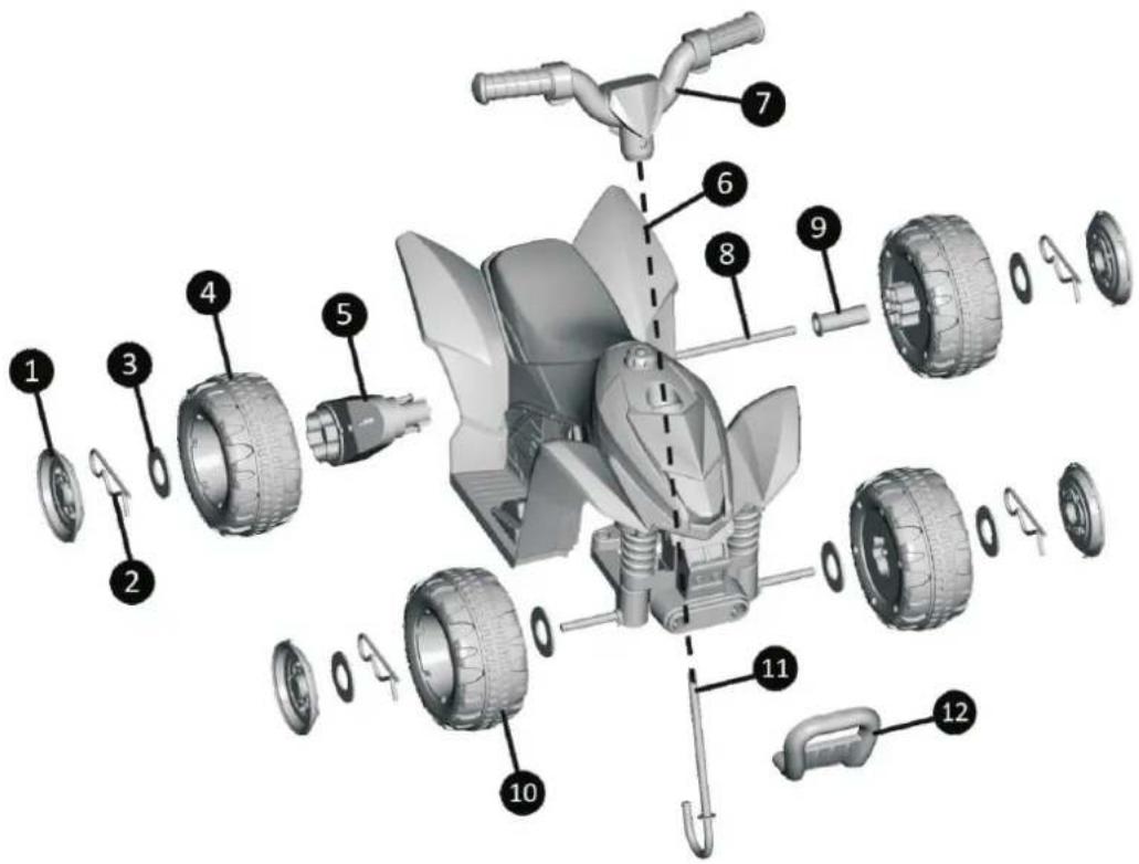 Exploded view diagram of a toy car with numbered parts for identification