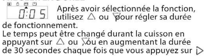 Après avoir sélectionnée la fonction, utilisez △ ou ▼ pour régler sa durée de fonctionnement. Le temps peut être changé durant la cuisson en appuyant sur △ ou ▼ ou en augmentant la durée de 30 secondes chaque fois que vous appuyez sur ▷