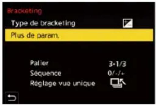Bracketing Type de bracketing Plus de param. Palier 3·1/3 Séquence 0/-./+ Rôglage vue unique