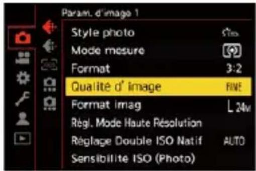 Param. d'image 1 Style photo Mode mesure Format 3:2 Qualité d' image FINE Format imag L 24v Régl. Mode Haute Résolution Réglage Double ISO Natif AUTO Sensibilité ISO (Photo)