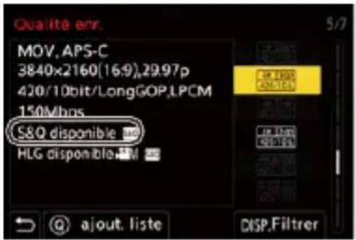 Qualité err. MOV, APS-C 3840x2160(16:9),29.97p 420/10bit/LongGOP,LPCM 150Mbps S80 disponible HLG disponible ajout. liste ASP 1000 ASP 1000 ASP 1000 ASP 1000 DISP.Filtrer