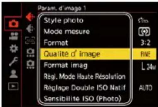 Param. d'image 1 Style photo Mode mesure Format Qualité d' image Format imag Régé, Mode Haute Résolution Réglage Double ISO Natif Sensibilité ISO (Photo) FINE L 24m AUTO