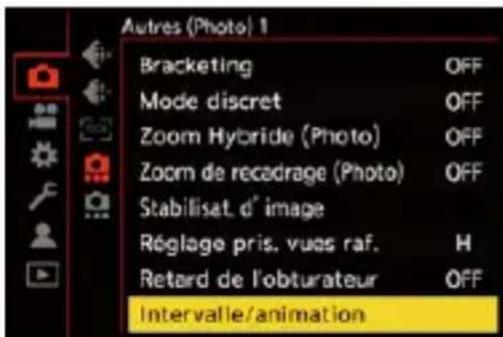 Autres (Photo) 1 Bracketing OFF Mode discret OFF Zoom Hybride (Photo) OFF Zoom de recadrage (Photo) OFF Stabilisat. d' image Réglage pris. vuas raf. H Retard de l'obturateur OFF Intervalle/animation