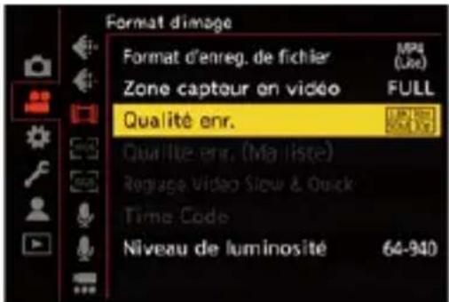 Format d'image Format d'enreg. de fichier Zone capteur en vidéo Qualité enr. Qualité enr. (Mailiste) Reglage Video Slow & Quick Time Code Niveau de luminosité 64-940