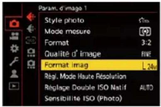 Param. d'image 1 Style photo Mode mesure Format Qualité d' image Format imag L 24V Régl. Mode Haute Résolution Réglage Double ISO Natif AUTO Sensibilité ISO (Photo)