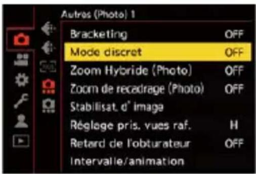Autres (Photo) 1 Bracketing OFF Mode discret OFF Zoom Hybride (Photo) OFF Zoom de recadrage (Photo) OFF Stabilisat. d° image Réglage pris. vues raf. H Retard de l'obturateur OFF Intervalle/animation