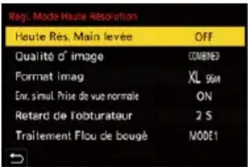 Rég1. Mode Haute Résolution Haute Rés. Main levée OFF Qualité d' image COMBINED Format Imag XL 95M Enr. simul. Prise de vue normale ON Retard de l'obturateur 2 S Traitement Flou de bougé NODE1