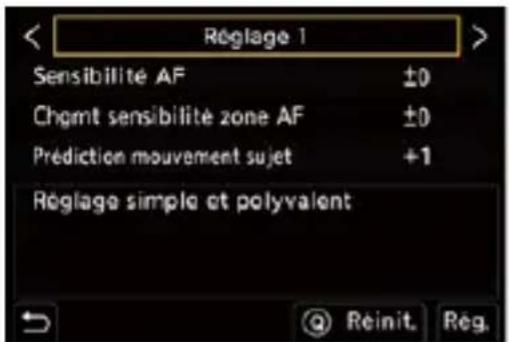 Réglage 1 Sensibilité AF ±0 Chgmt sensibilité zone AF ±0 Prédiction mouvement sujet +1 Réglage simple et polyvalent
