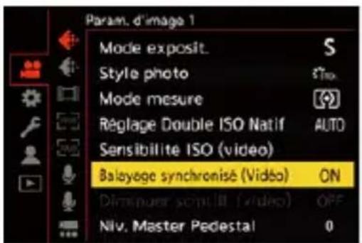 Param. d'image 1 Mode exposit. Style photo Mode mesure Réglage Double ISO Natif Sensibilite ISO (video) Balayoge synchronisé (Video) Diminuier semilit (Video) Niv. Master Pedestal ON OFF 0
